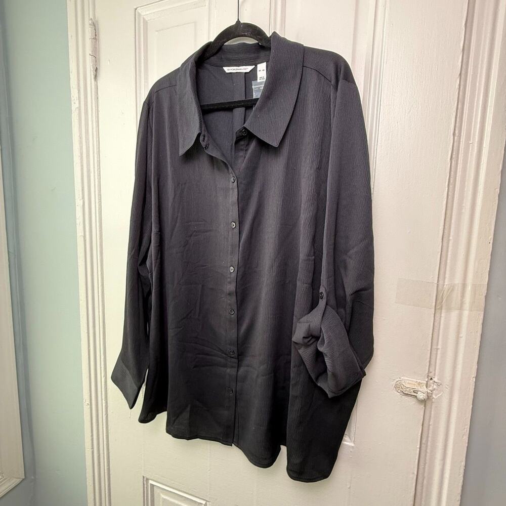 Isaac Mizrahi Crinkle Button Front Shirt Womens 4X Black Roll Tab Sleeves NWOT